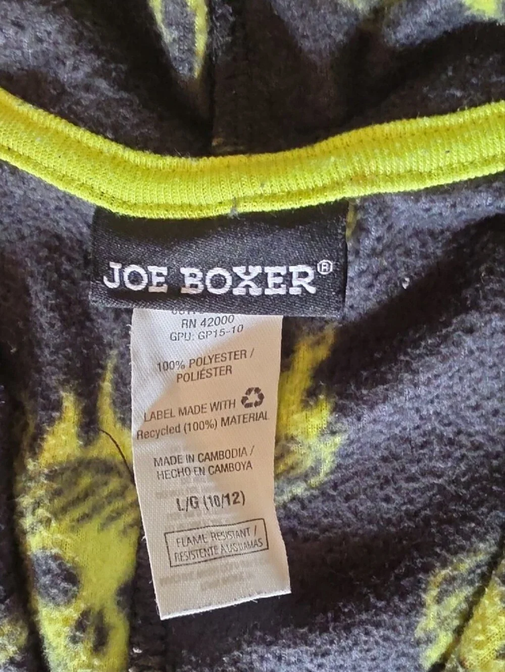 Joe Boxer Black Footie Hoodie with Neon Yellow Skull Print